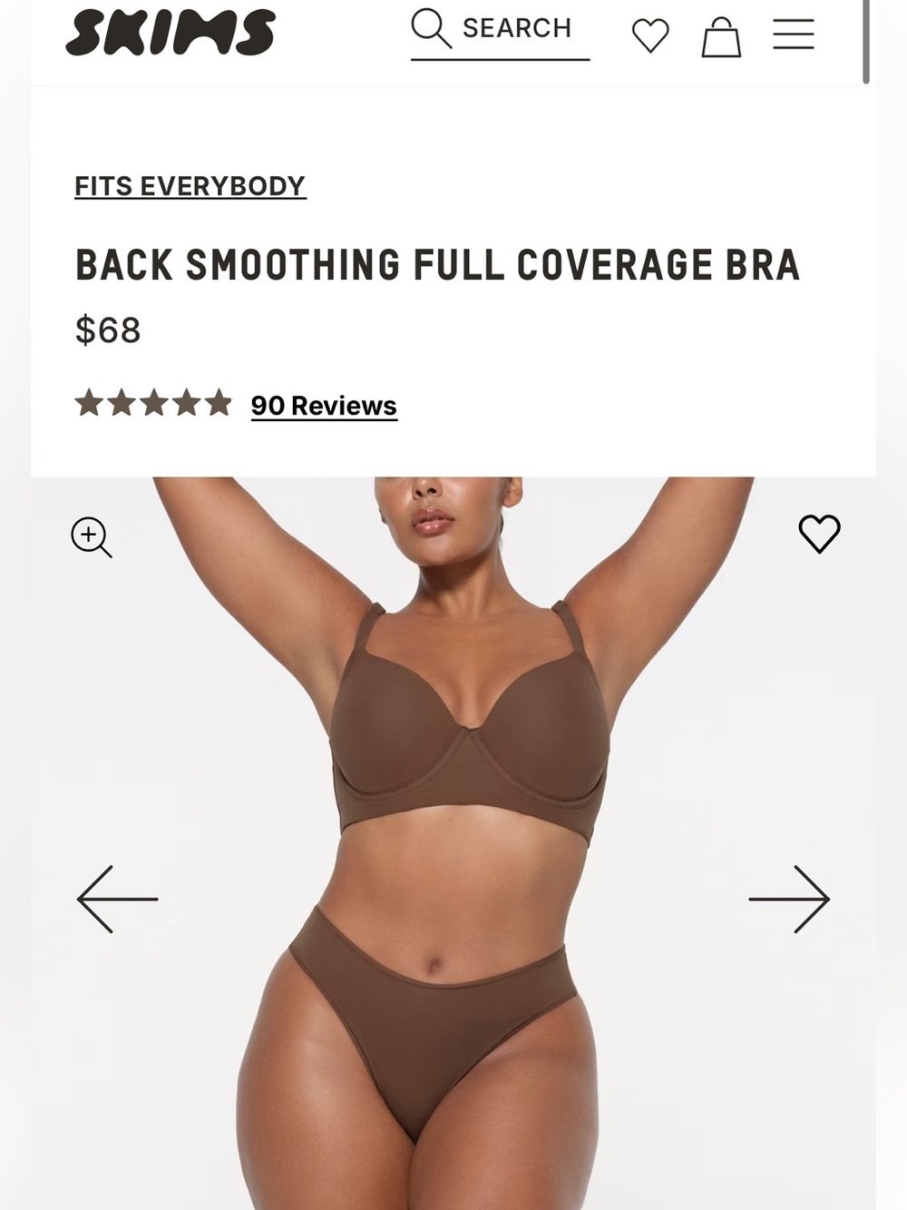 SKIMS Fits Everybody Back-Smoothing Full Coverage Bra 44DDD Cocoa Brown NWT!!